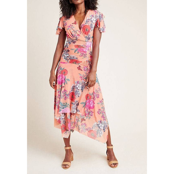 Anthropologie Maeve Simone Floral Midi Dress Peach Orange Pink 1X - Picture 1 of 13